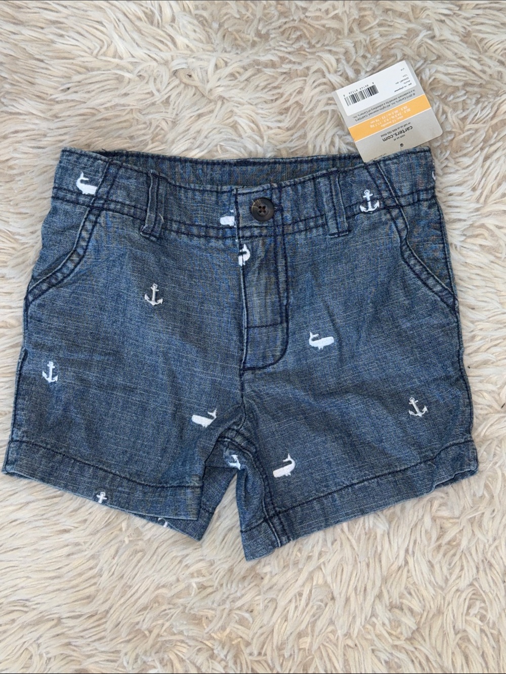 🐳 ⚓️NWT Carter’s Blue Chambray Shorts  White Anchor & Whale Embroidery 12 months
